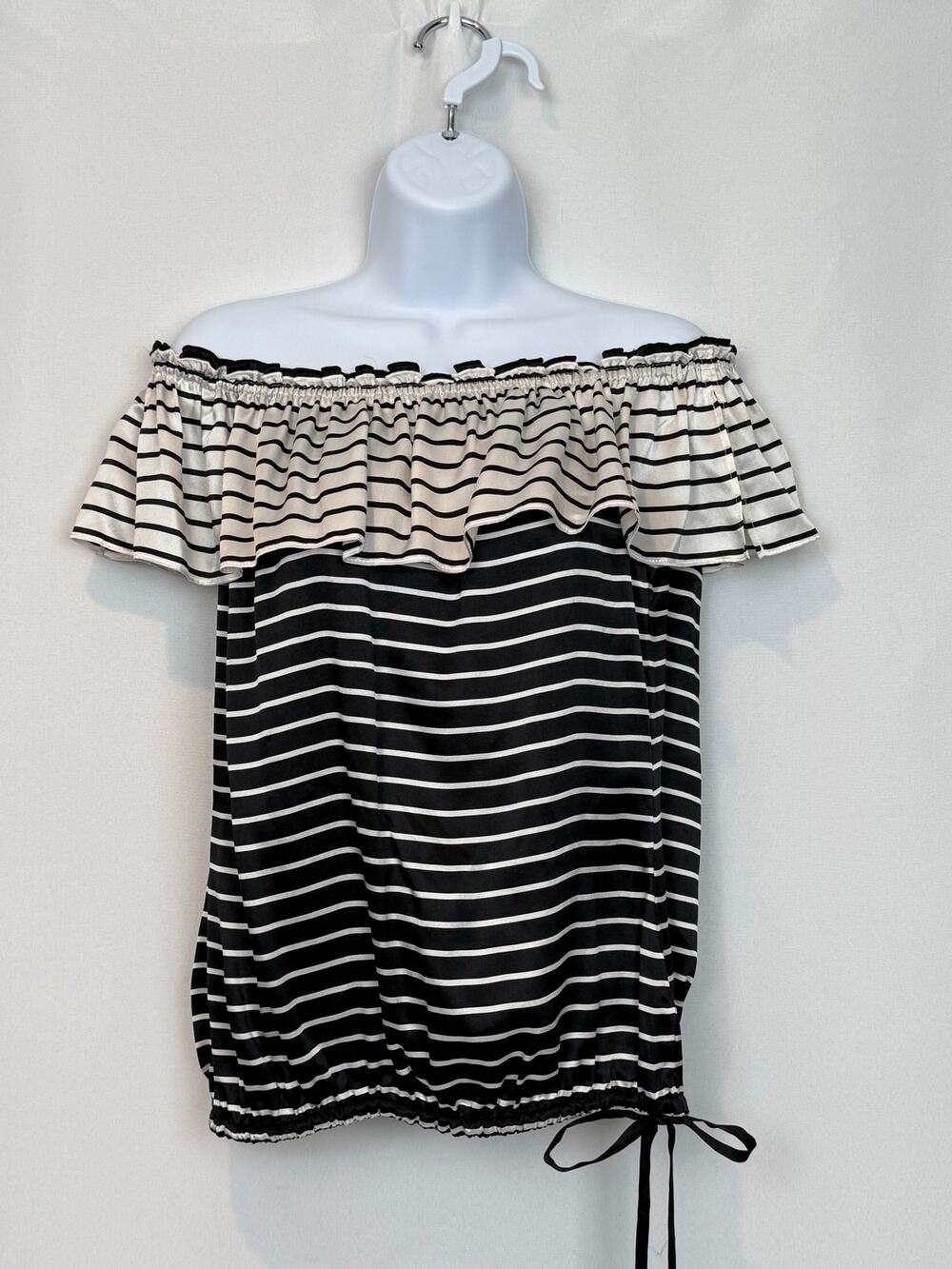 White House Black Market Silk Striped Off Shoulder Top XS Ruffle